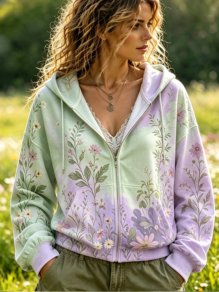 Women's Gradient Green-and-purple Full-zip Hoodie With Botanical Wildflower Print