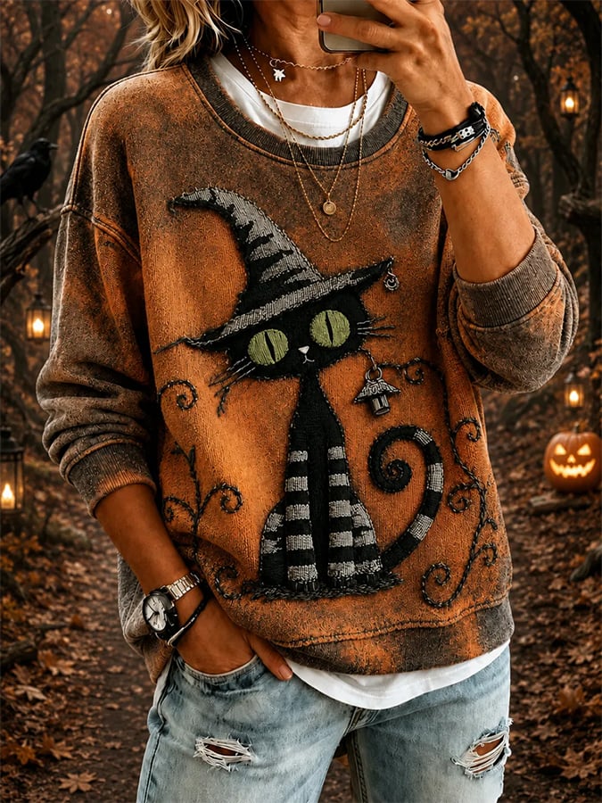 Women's Halloween Cat Print Hoodie