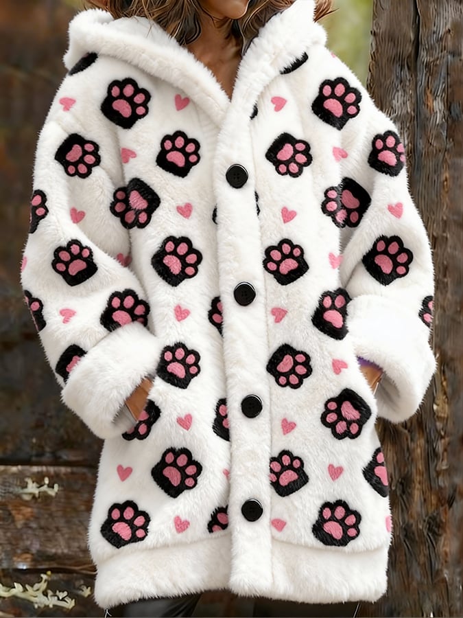 Women's Cute Cat Paw Print Knitted Fabric Plush Jacket