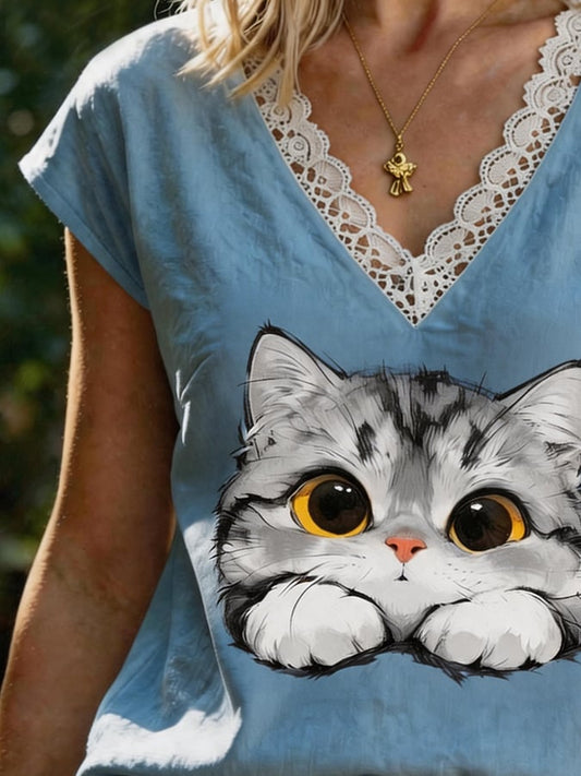 Lace Trim V Neck Cute Cat Graphic Cap Sleeve Casual Blouse