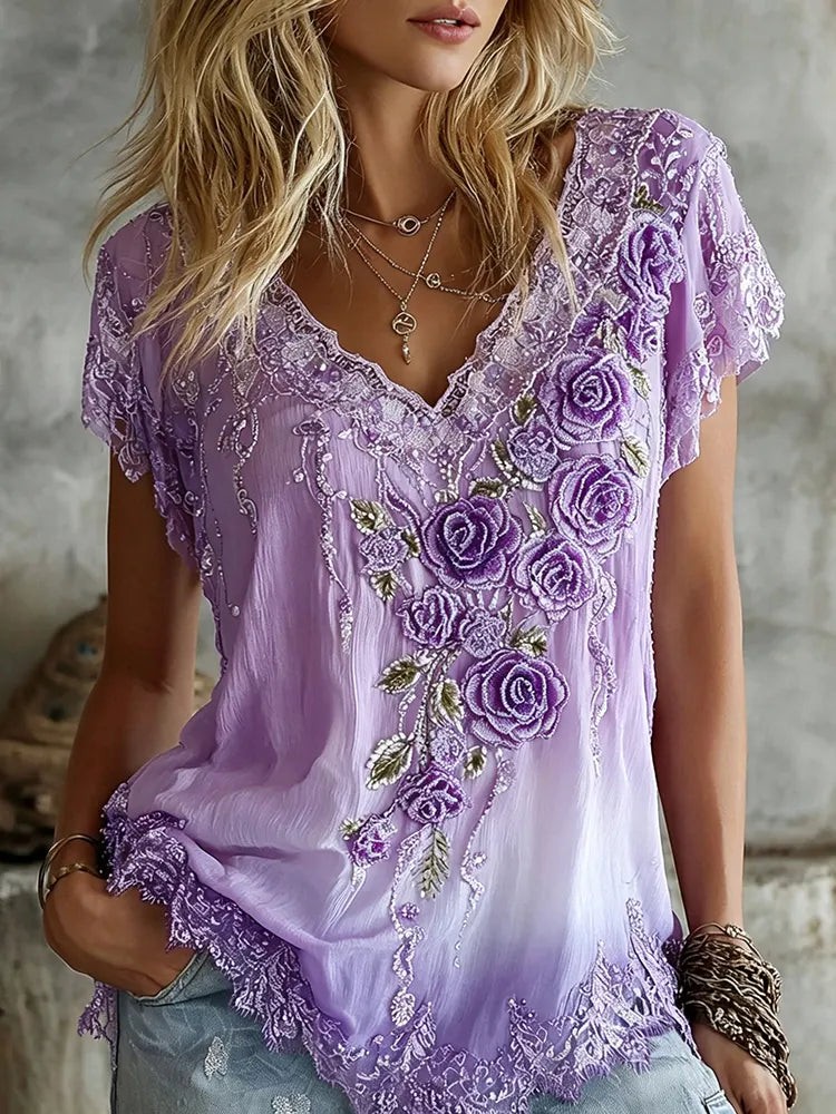 Women's Vintage Floral Art Flowy Linen Blend Casual Tops