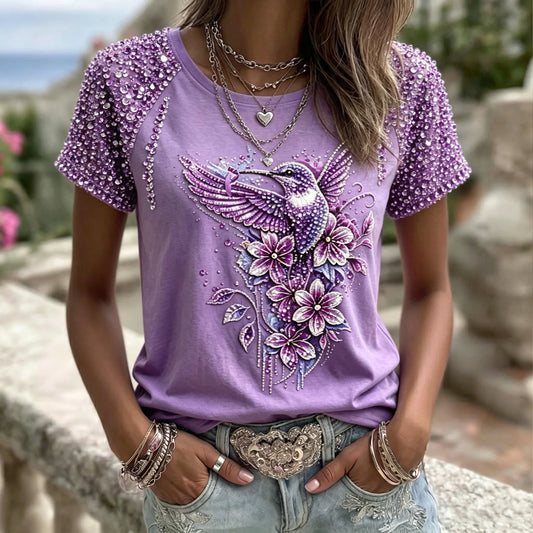 Women's Vintage Floral And Bird Embroidery Art Round Neck Short Sleeve T-shirt
