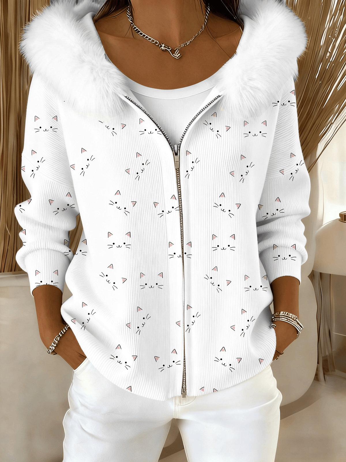 Women's Cute Cat Plush Zipper Casual Hooded Sweatshirt