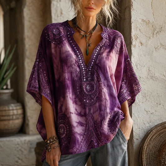 Women's Boho V-neck Tie-dye Sequin Embellished Tunic