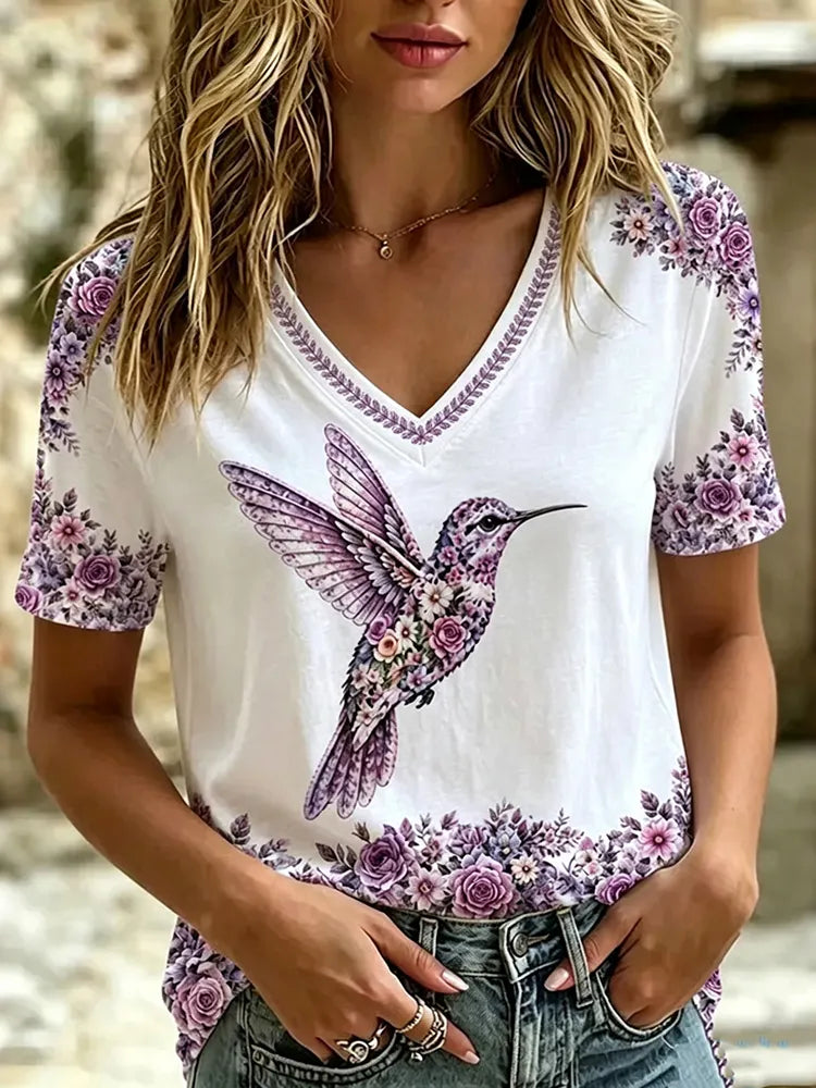 Women's Retro Purple Floral And Hummingbird Embroidered Casual T-shirt