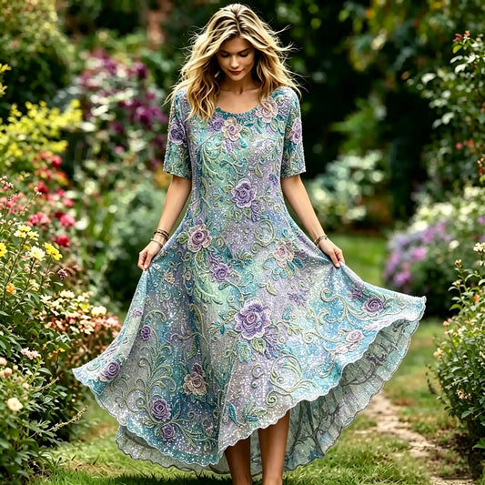 Women's Vintage Floral Embroidered Linen Blend Casual Round Neck Short Sleeve Long Dress
