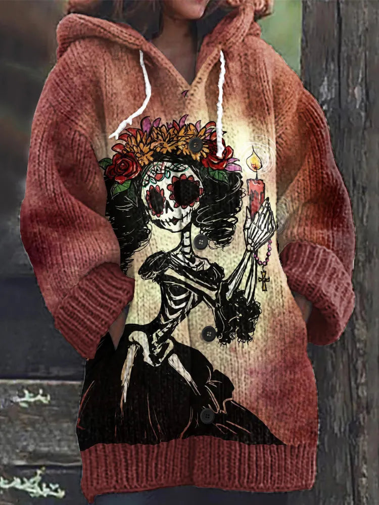 Vintage Mexican Catrina Day Of The Dead Inspired Print Women's Sweater