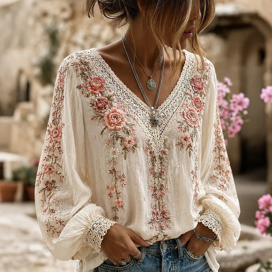 Women's Floral Bohemian Resort Cotton Linen Long-sleeved V-neck Top