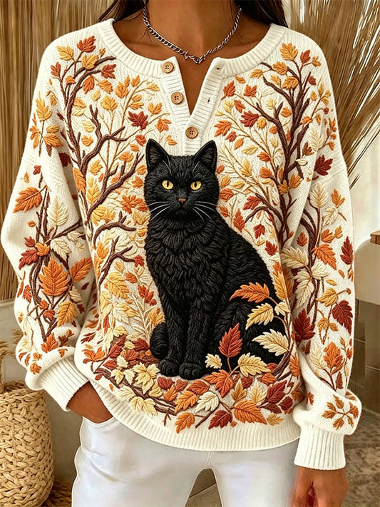 Women's Casual Print Button-Up Collar Knit Top
