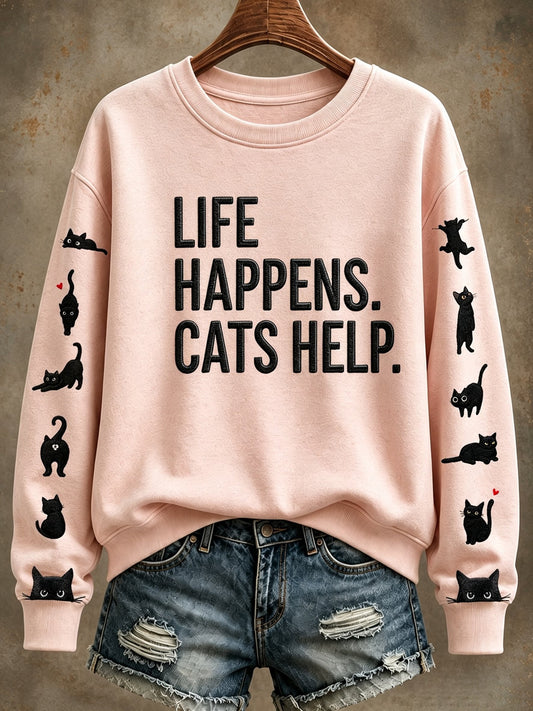 Women's Healing Cat Crew Neck Long Sleeve Sweatshirt