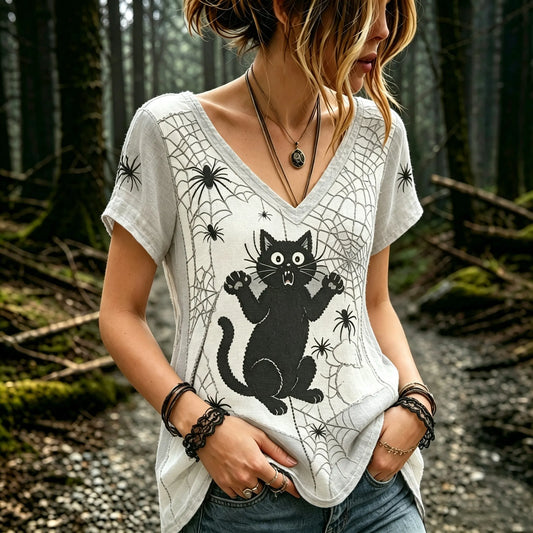 Women's Vintage Shock Spider Black Cat Patchwork Art Short Sleeve T-shirt