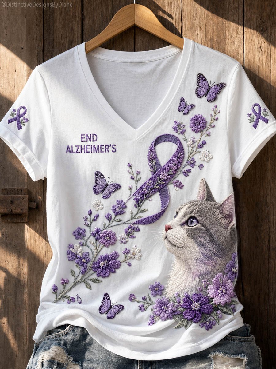 Women's Alzheimer's Awareness Floral Cat Print V-Neck T-Shirt