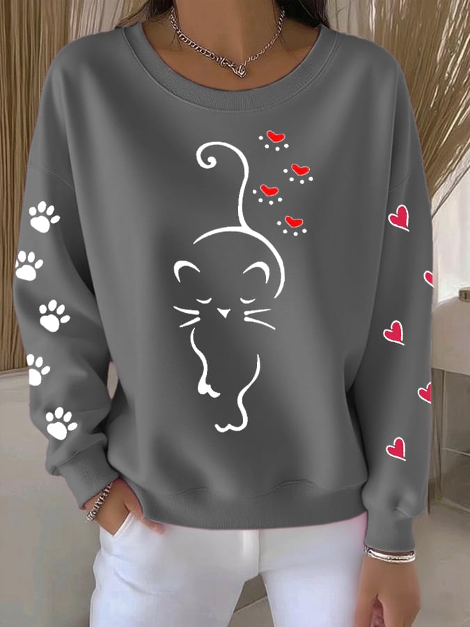 Women's Retro Animal Cat Paw Print Round Neck Sweatshirt