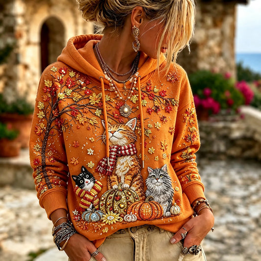 Women's Vintage Autumn Cat Art Pattern Casual Hoodie
