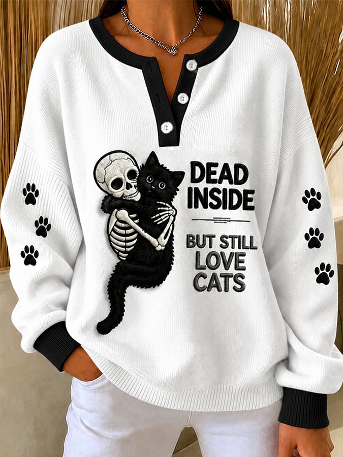 Women's Casual Black Cat Print Knit Top for Halloween