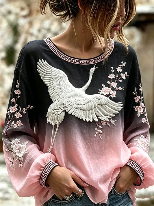 Women's Pink Gradient Print Cotton-Linen Shirt