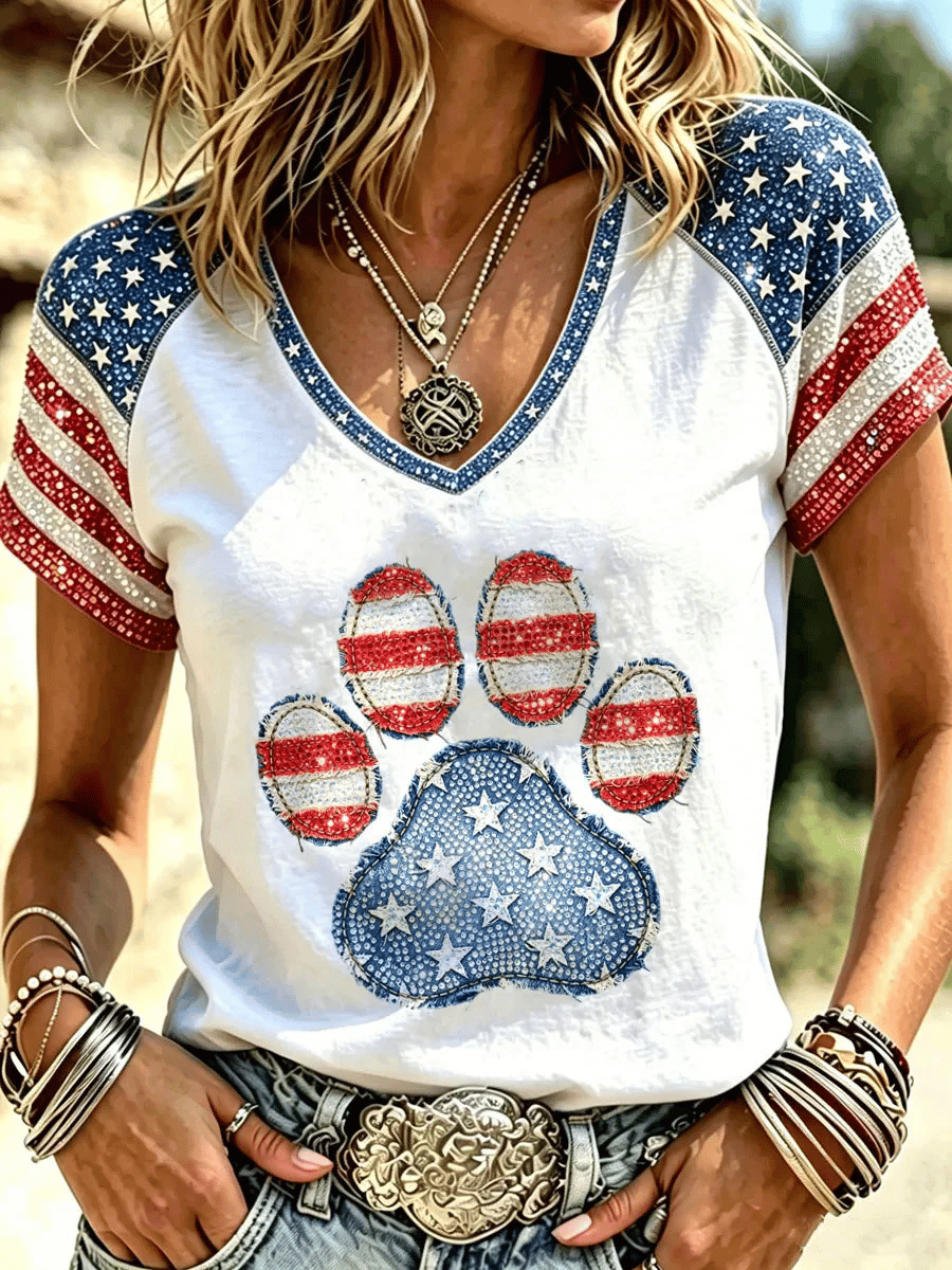 Women's USA Cat Paw Flag Print T-Shirts