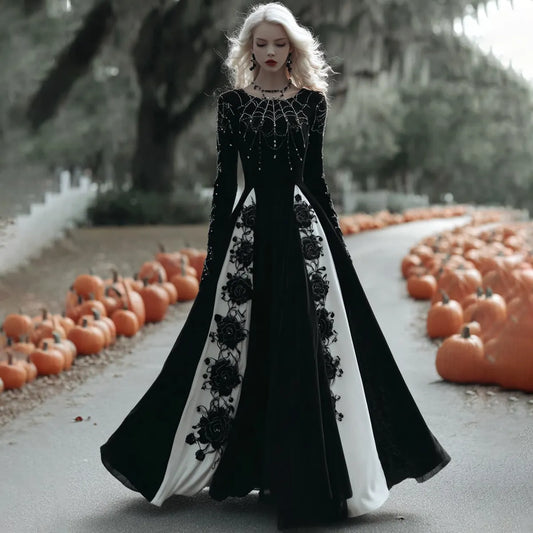 Women's Halloween Black Roses With Spider Web Art Comfy Velvet Round Neck Maxi Dress