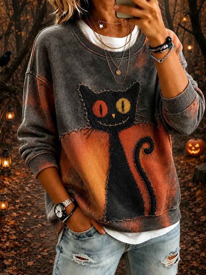 Women's Halloween Cat Print Hoodie