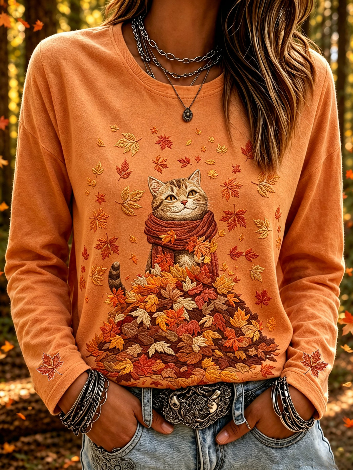 Women's Autumn Scarf Cat Print Long-Sleeved Top