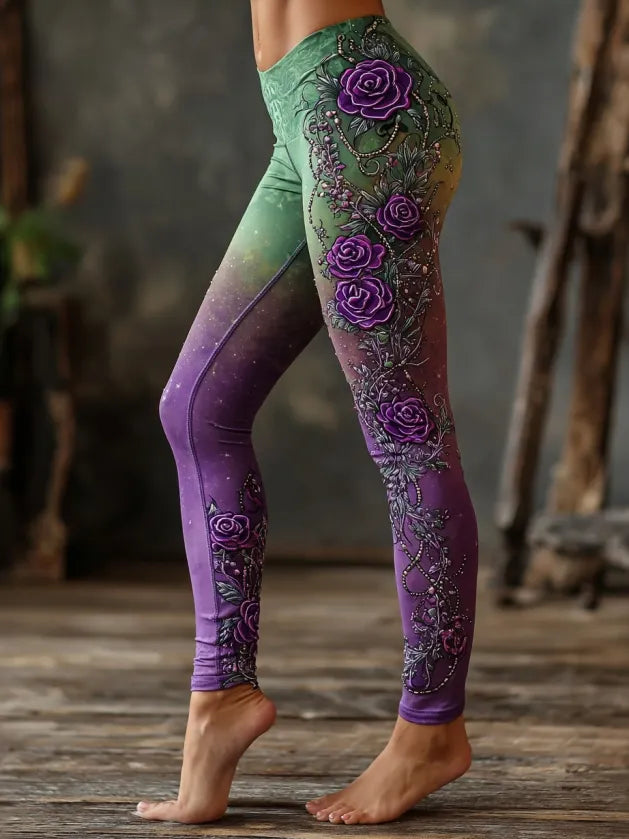 Women's Vintage Rose Floral Gradient Pattern Casual Leggings
