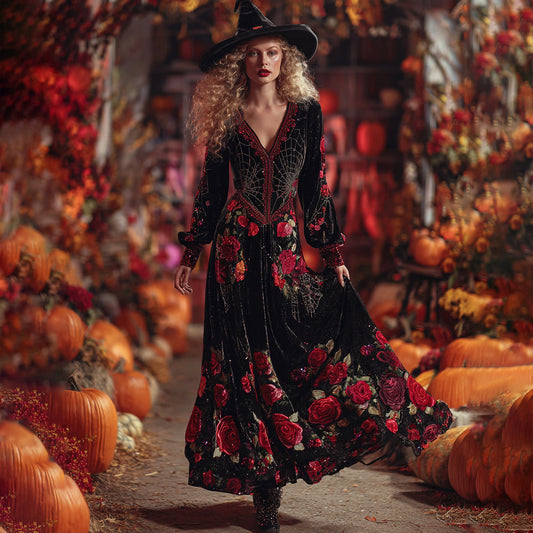 Women's Classic Halloween Rose And Spider Web Art Comfy Velvet Maxi Dress