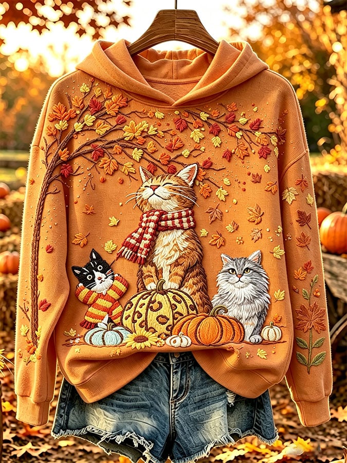 Women's Casual Cat and Maple Leaf Print Hooded Sweatshirt