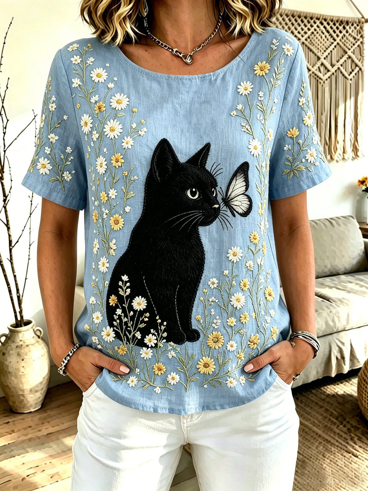 Women's Fun Cat-Print Crew-Neck Top