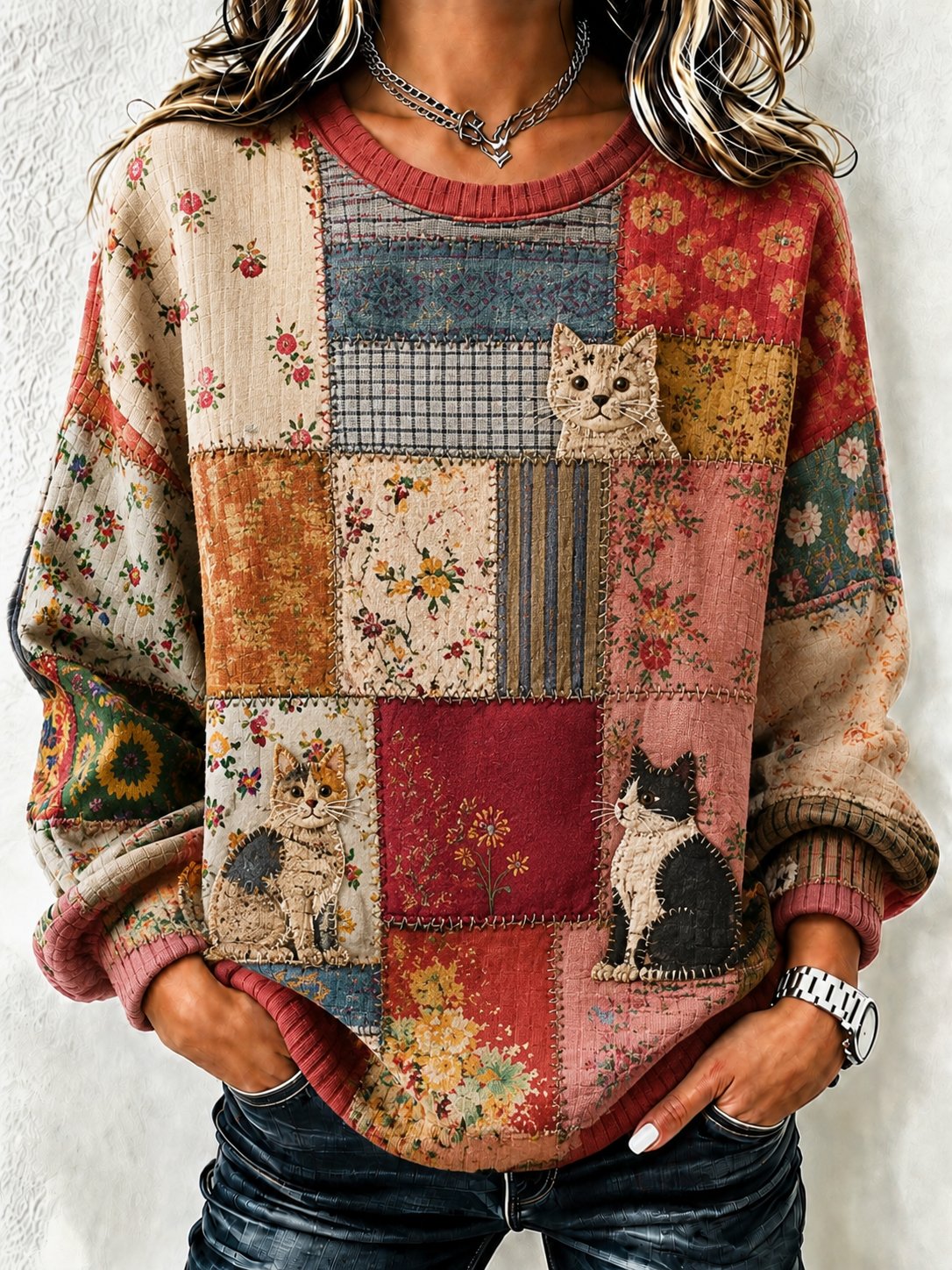 Women's Vintage Farm Cat Print Sweatshirt