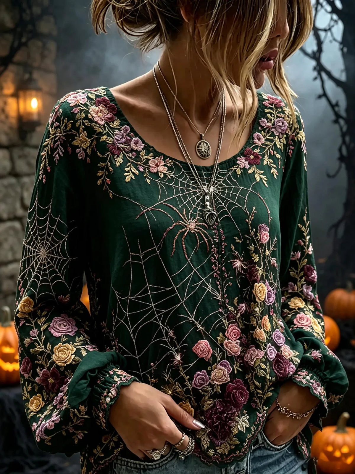 Women's Flowers Spider Web Art Print Flowy Linen Blend Long Sleeve Casual Tops