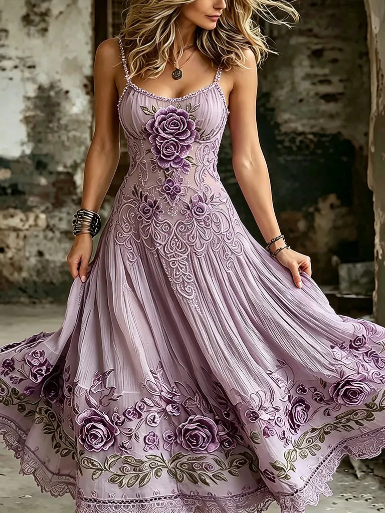 Women's Vintage Purple Rose And Celtic Knot Art Embroidery Casual Dress