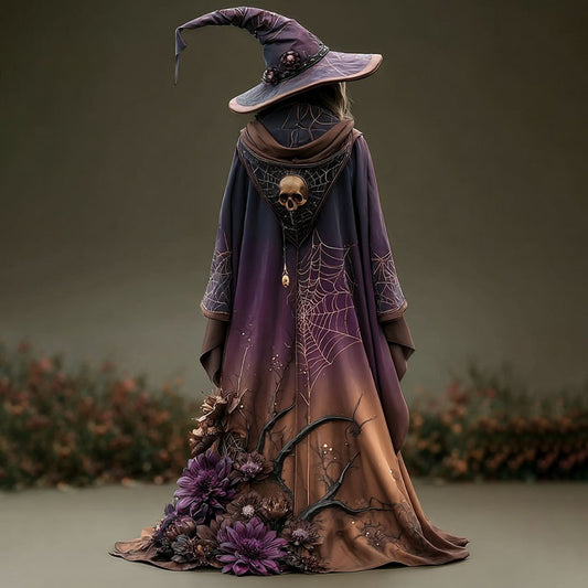 Women's Halloween Skull Spider Floral Design Hooded Cape