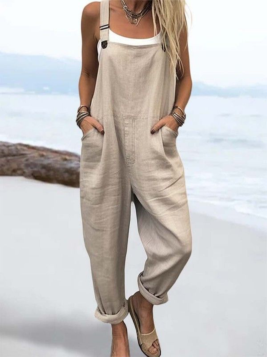 Wome's Vacation Retro Casual Cotton Linen Wide Leg Jumpsuit