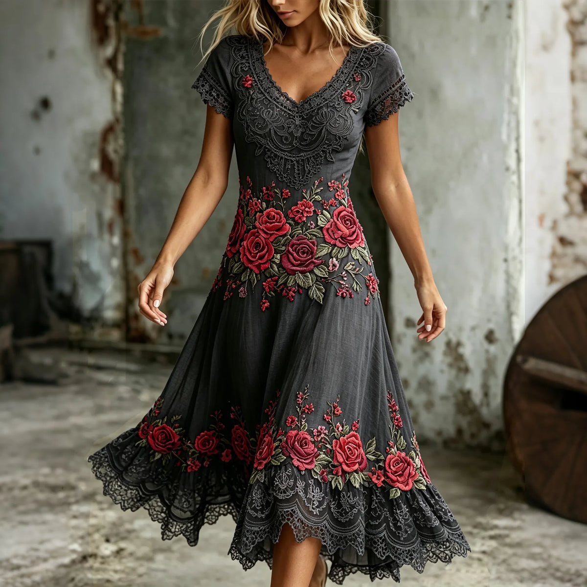 Women's Retro Purple Rose Embroidery Art V Neck Short Sleeve Midi Dress