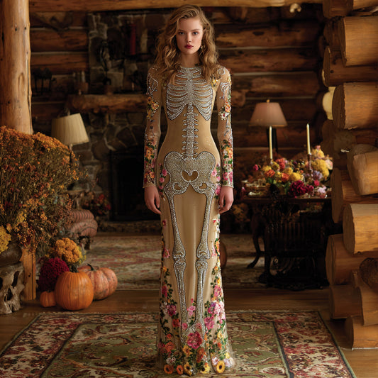 Vintage Mexican Day Of The Dead Skeleton Bones Embroidery Flowers Cozy Velvet Maxi Dress