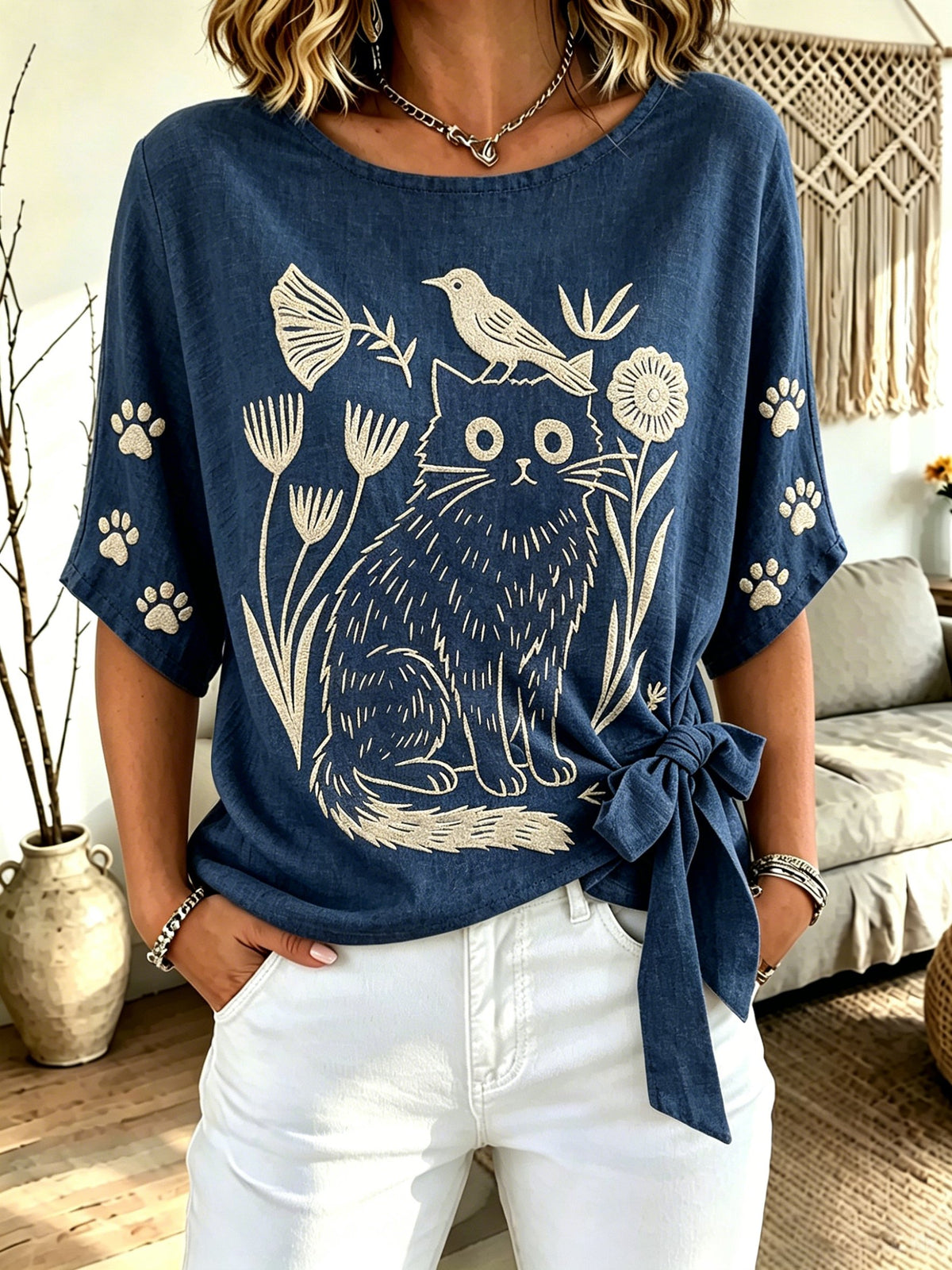 Women's Cat-Print Crew-Neck Tie-Front Top