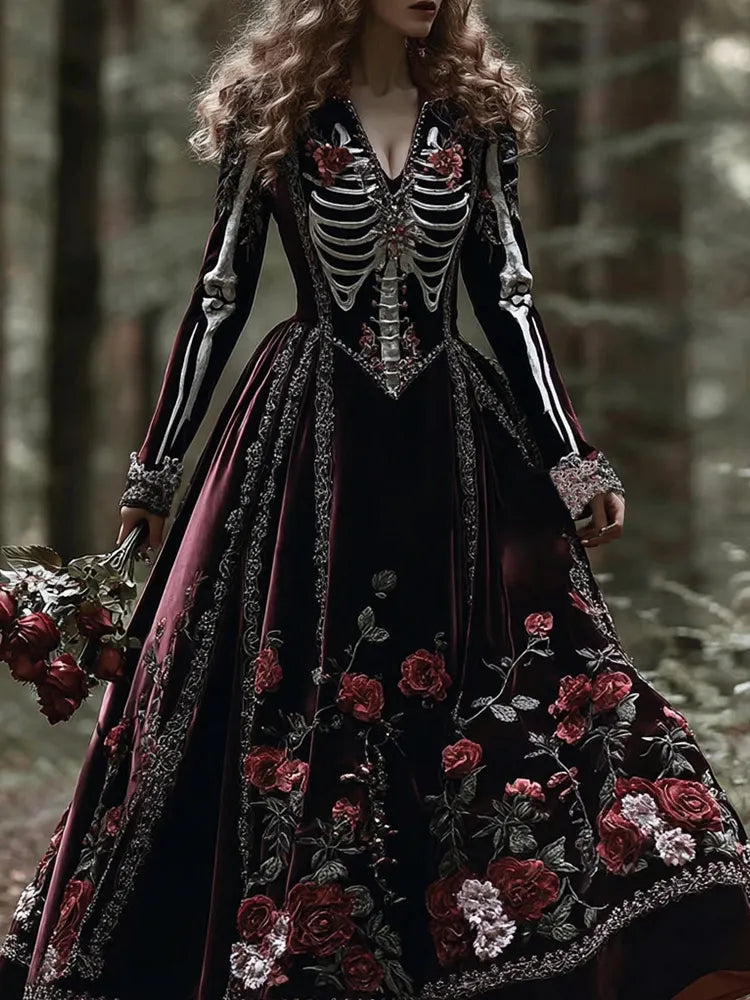 Vintage Skeleton Bones With Roses Flowy Velvet Maxi Dress