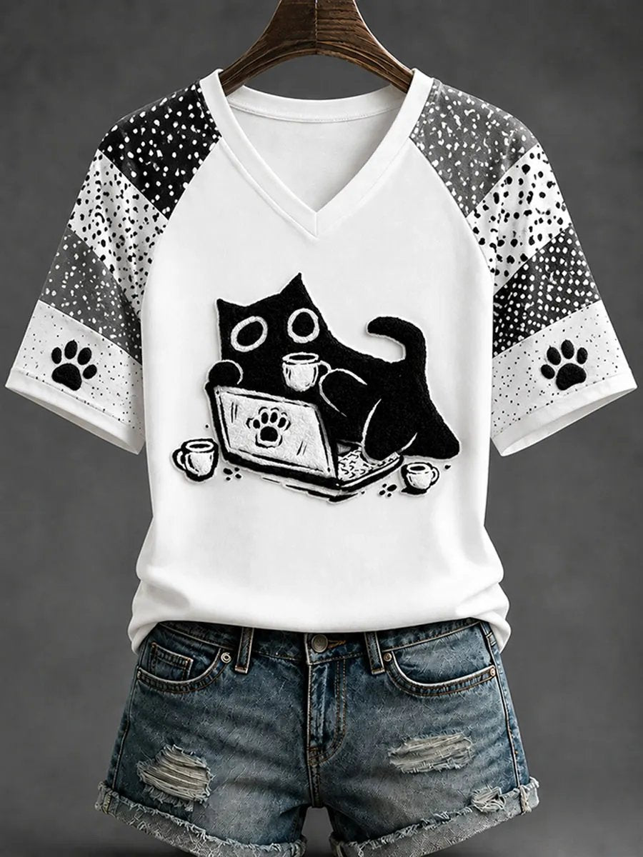 Women's Fun Black Cat Print T-Shirts