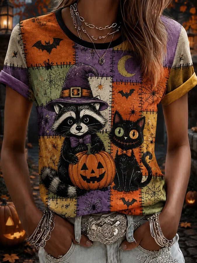 Women's Halloween Cat Print T-shirt