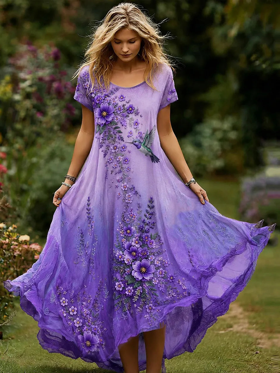 Women's Purple Floral Hummingbird Print Alzheimer's Disease Care Casual Dress