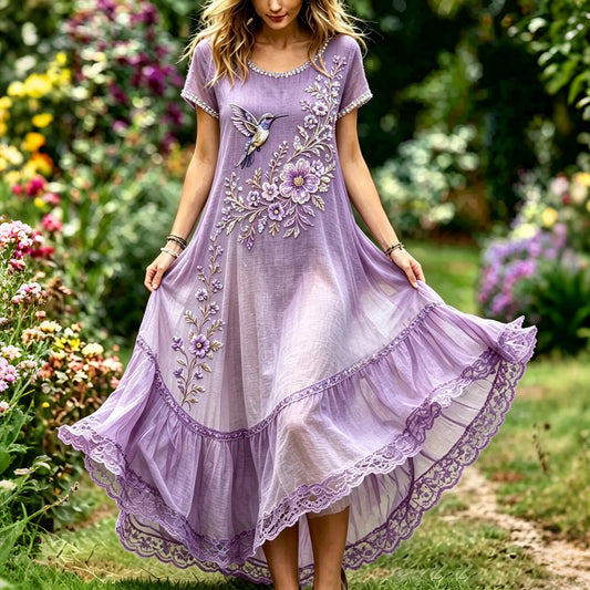 Women's Purple Floral & Hummingbird Print Alzheimer's Awareness Casual Round Neck Dress