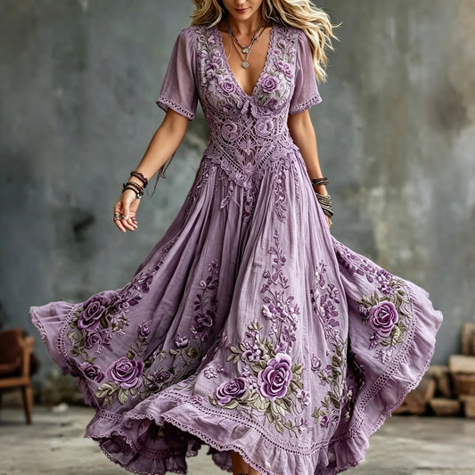 Women's Vintage Rose Embroidered Art V-neck Short Sleeve Flowy Maxi Dress