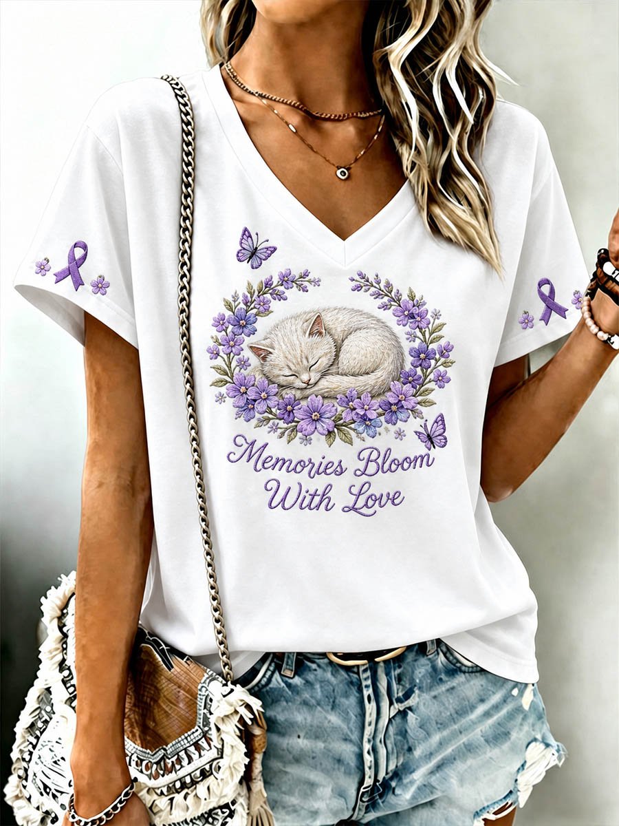 Women's Alzheimer's Awareness Floral Cat Print V-Neck T-Shirt