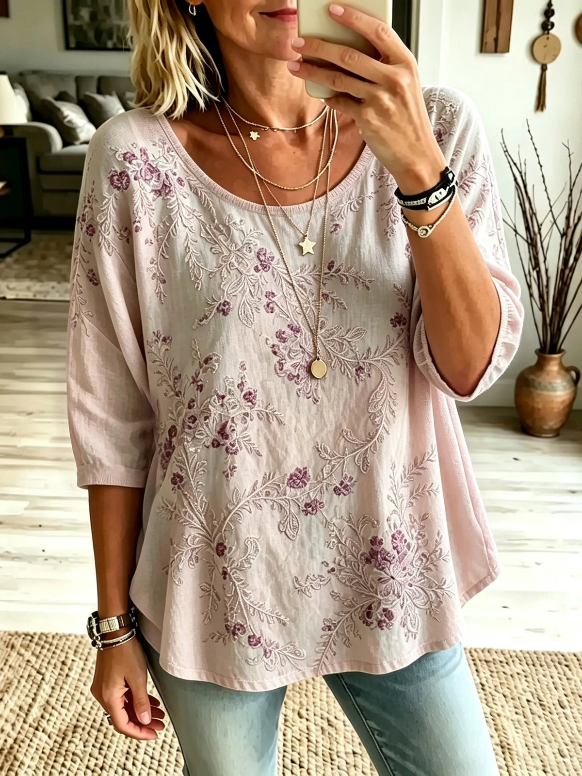 Women's Retro Floral Art Print Casual Cotton Linen Color Block Crew Neck T-shirt