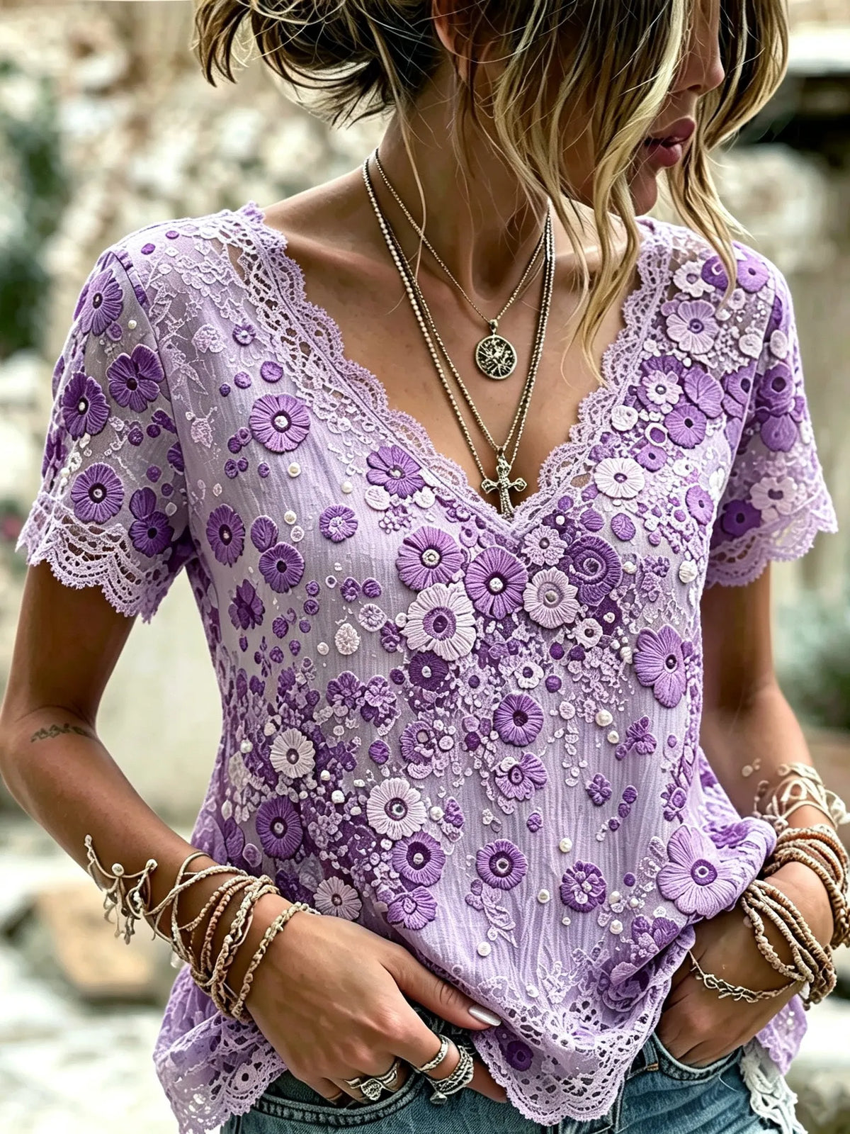 Women's Vintage Bohemian Floral Embroidery Lace Print Top
