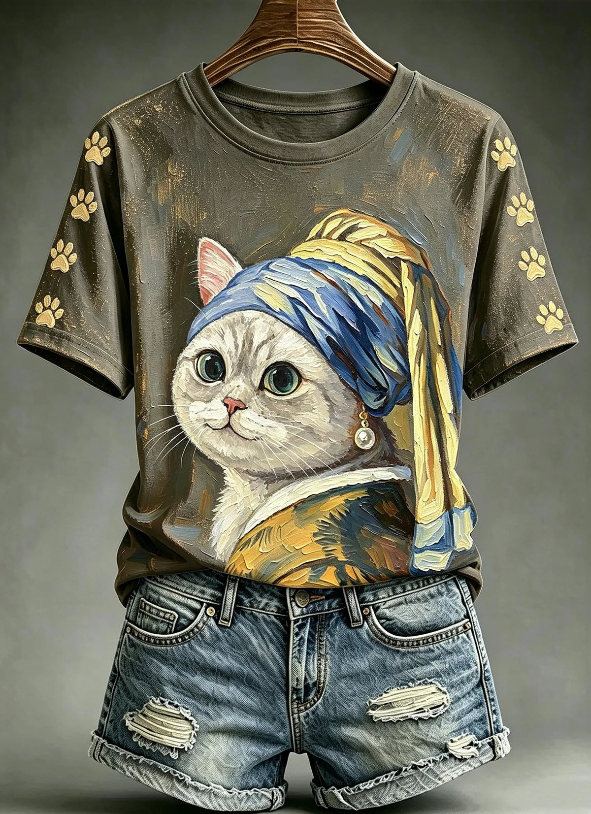 Women's Retro Cat Oil Painting Art Print T-Shirt