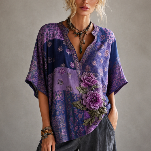 Women’s Boho V-neck Blouse With Purple Patchwork And 3d Floral Appliqué