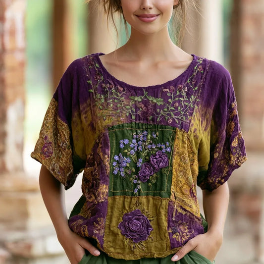 Women's Vintage Rose And Forget-me-not Floral Pattern Casual Cotton Linen Crew Neck T-shirt