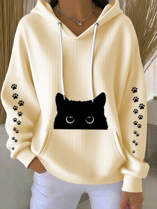 Women's Casual Black Cat Textured Hoodie