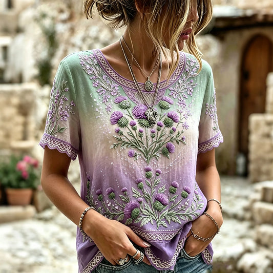Women'selegante Scottish Thistle Hummingbird Hot Drill Print Alzheimer's Awareness T-shirt